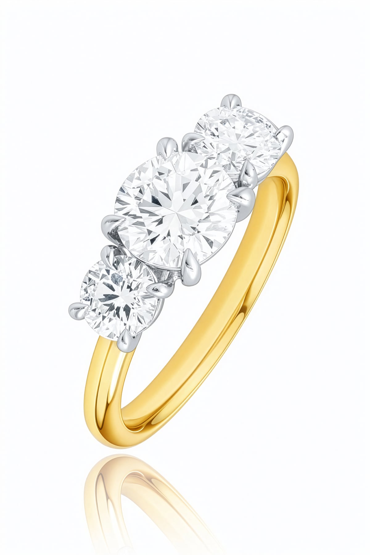 Gold ring with three diamond stones on a white background at LeGassick