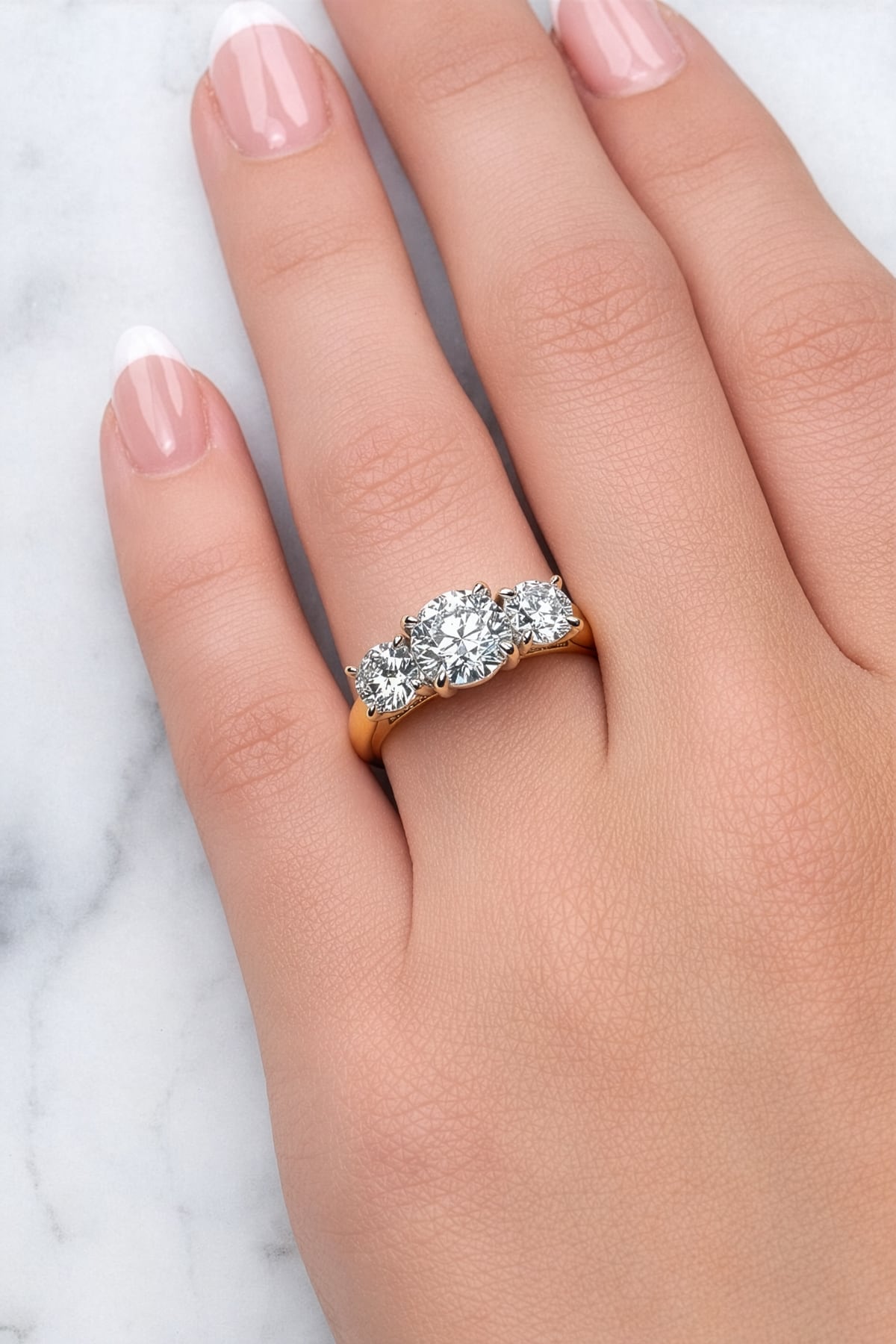 Gold ring with three diamond stones on a white background at LeGassick