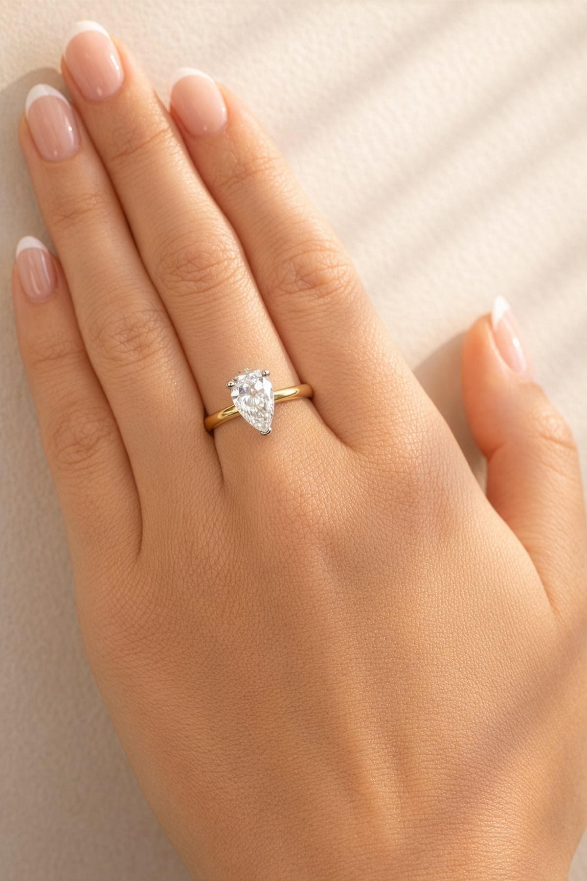 Gold ring with a lab grown diamond on a hand against a neutral background at LeGassick.