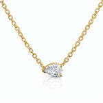 Gold necklace with a pear-shaped lab grown diamond pendant on a white background, at LeGassick, Gold Coast, Australia.