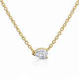 Gold necklace with a pear-shaped lab grown diamond pendant on a white background, at LeGassick, Gold Coast, Australia.