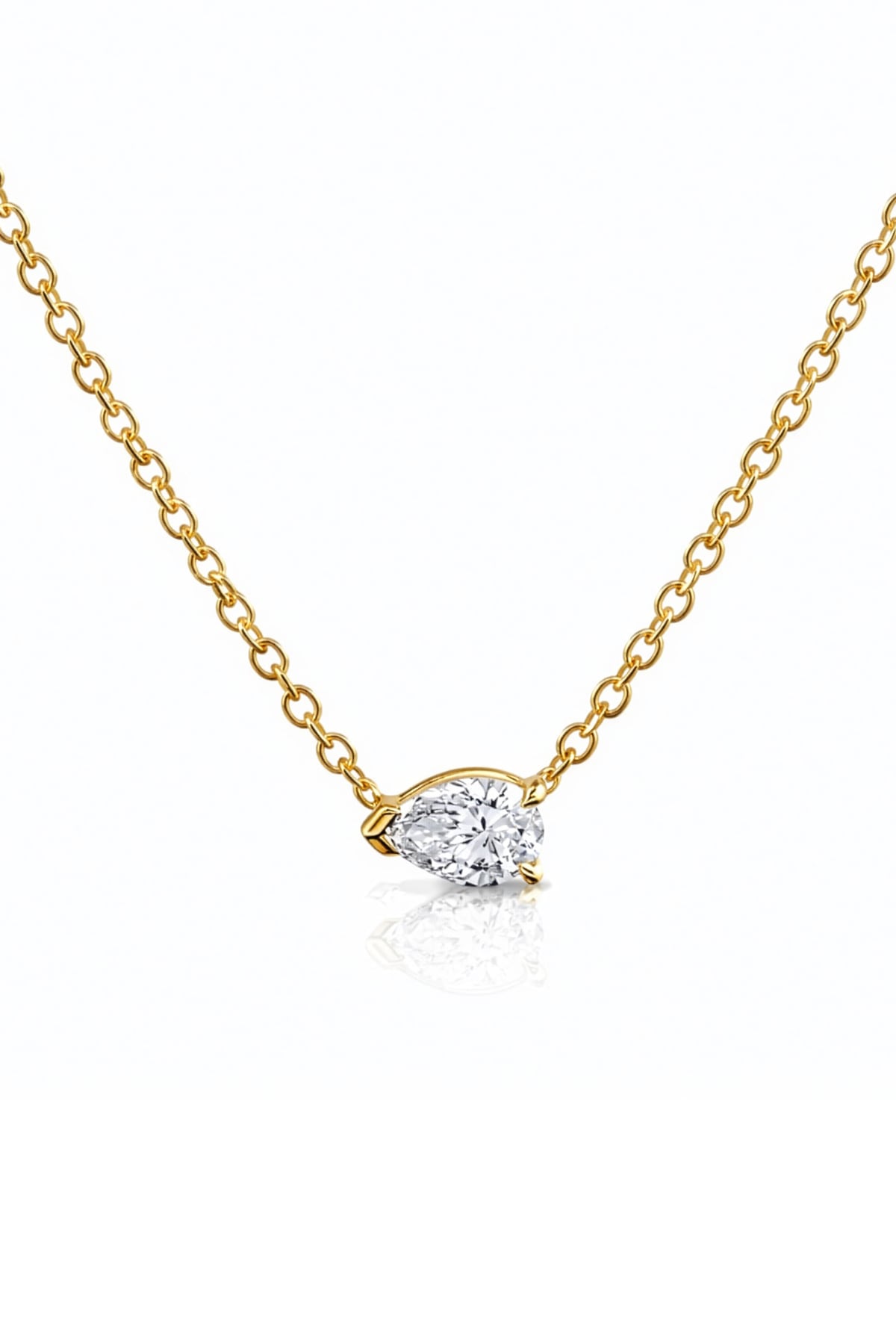 Gold necklace with a pear-shaped lab grown diamond pendant on a white background, at LeGassick, Gold Coast, Australia.
