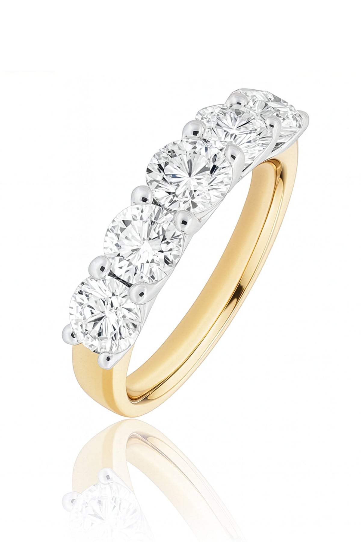 Gold ring with five lab created diamonds on a white background at LeGassick, Gold Coast, Australia.