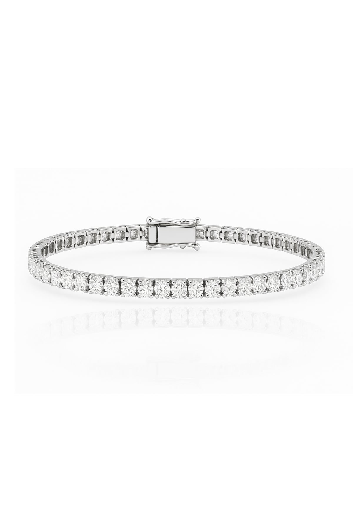 Lab grown diamond tennis bracelet in white gold on a white background at LeGassick, Gold Coast, Australia.