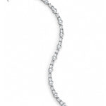A white gold bracelet with a curved line of round-cut and baguette-cut lab diamonds, displayed on a clean white background.