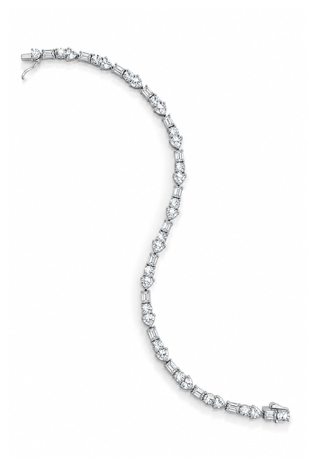 A white gold bracelet with a curved line of round-cut and baguette-cut lab diamonds, displayed on a clean white background.