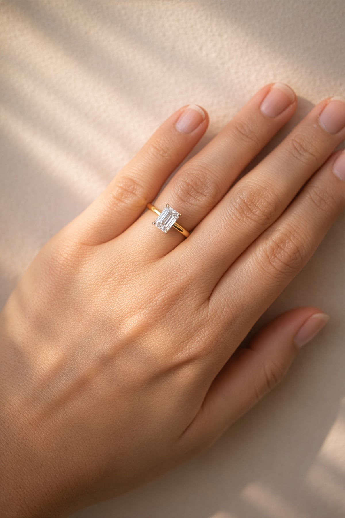 Gold ring with a large lab grown emerald cut diamond on a lady's hand at LeGassick, Gold Coast, Australia.