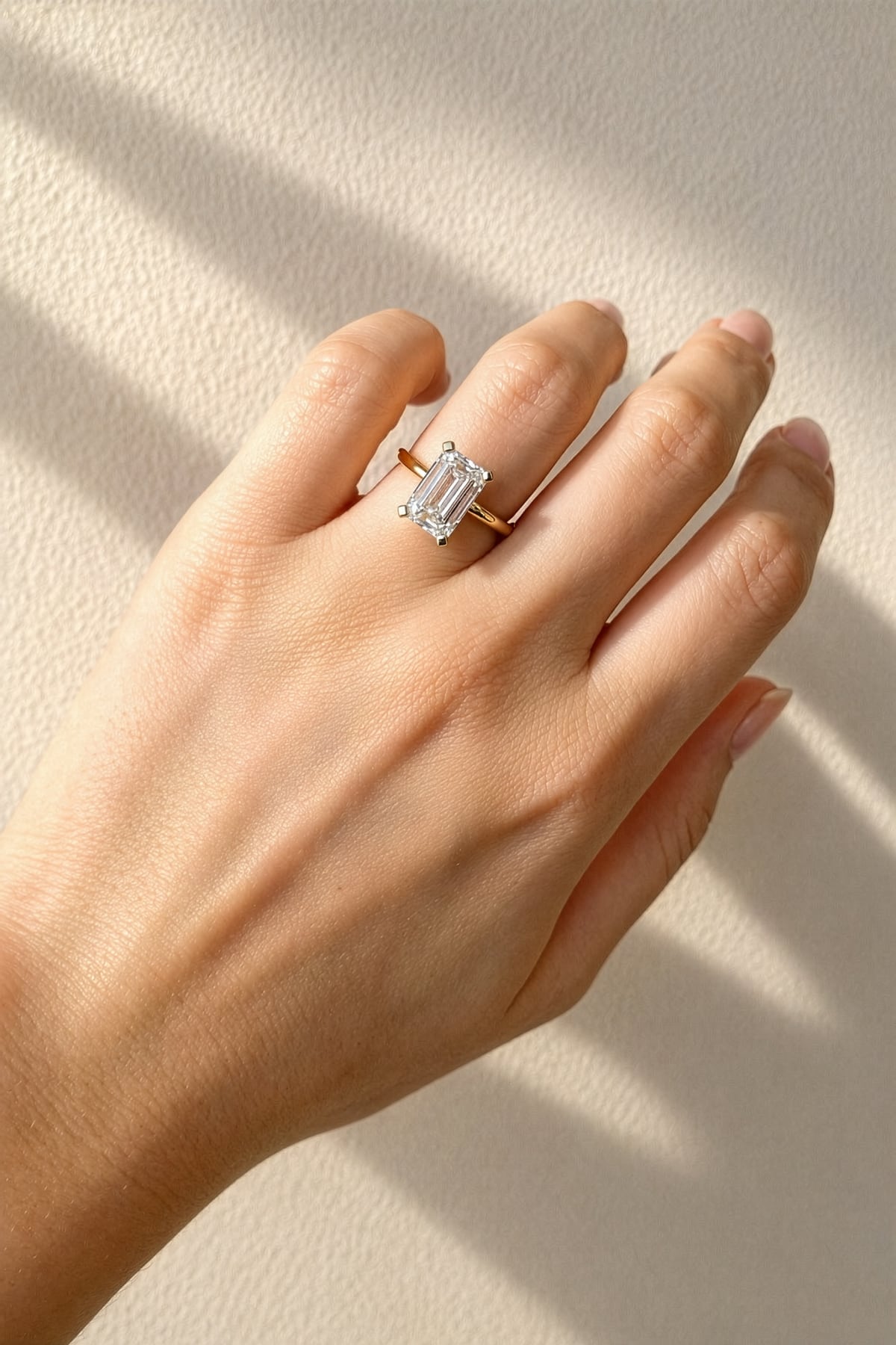 Hand wearing a gold ring with a lab created emerald cut diamond on a beige background