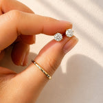 Hand holding a pair of lab diamond stud earrings against a white background