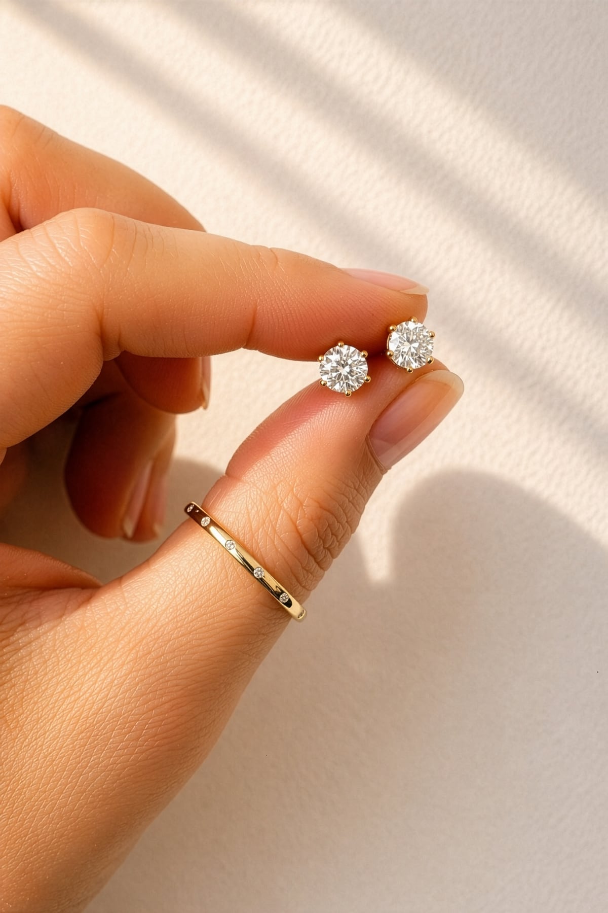 Hand holding a pair of lab diamond stud earrings against a white background