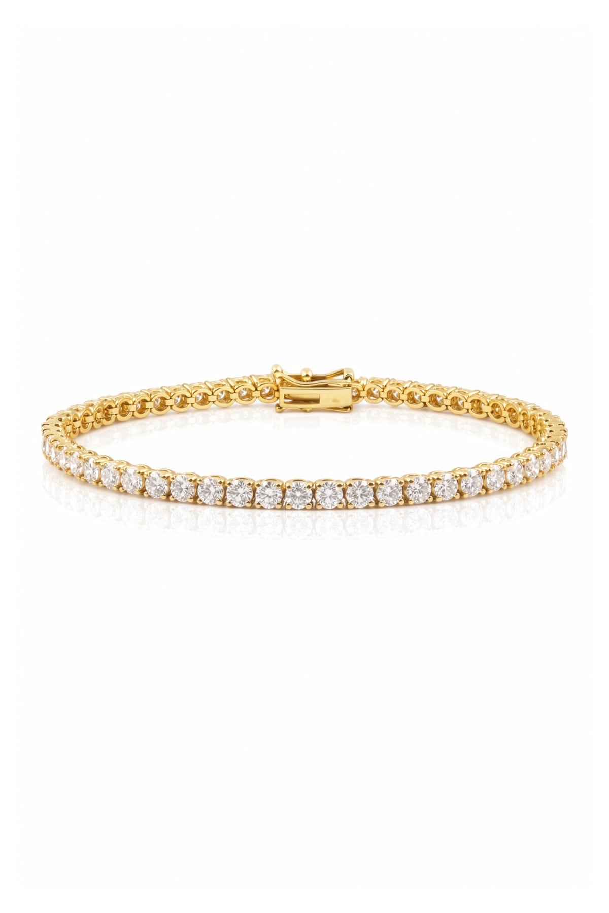 Yellow gold lab grown diamond tennis bracelet on a white background at LeGassick, Gold Coast, Australia.