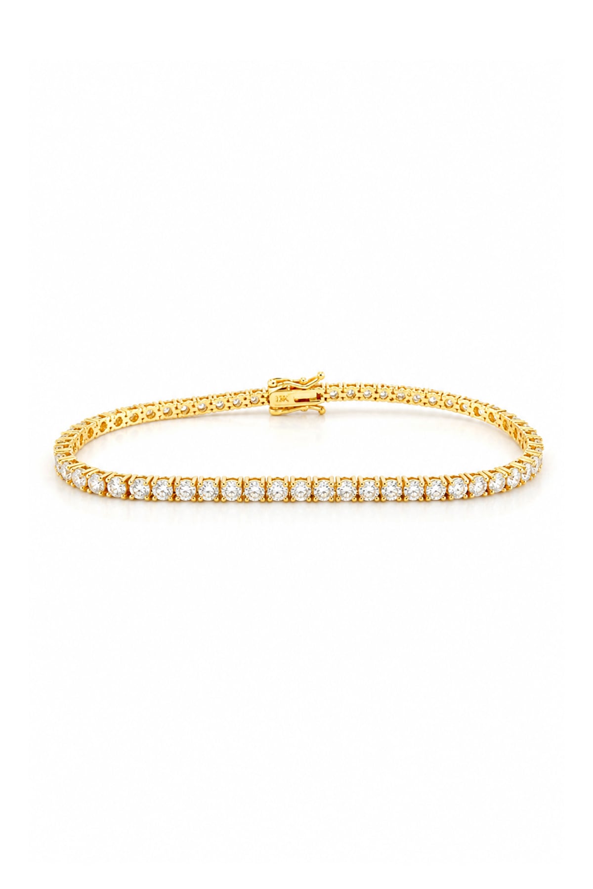 A yellow gold tennis bracelet featuring a single row of round-cut clear lab diamonds, displayed on a clean white background.