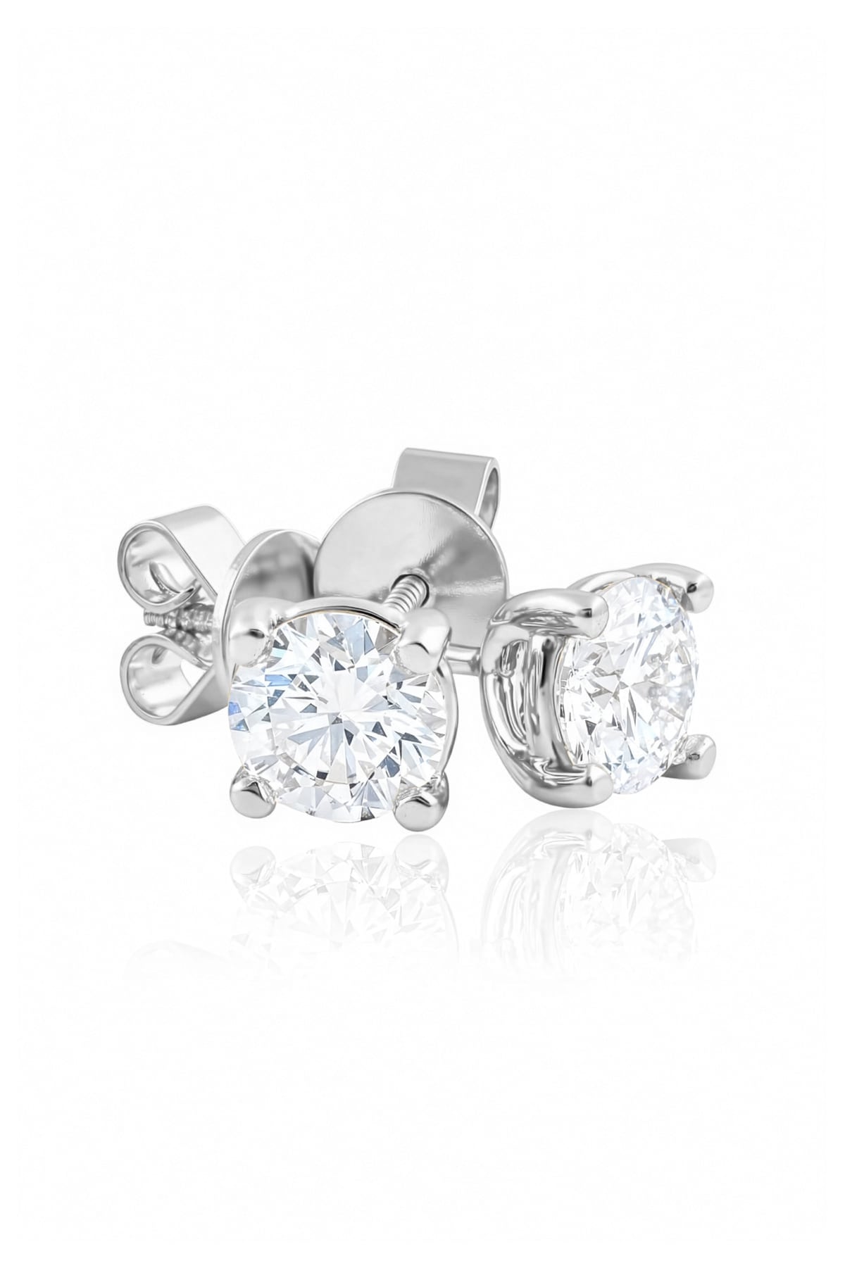 Gold stud earrings with clear lab grown diamonds on a white background at LeGassick, Gold Coast, Australia.
