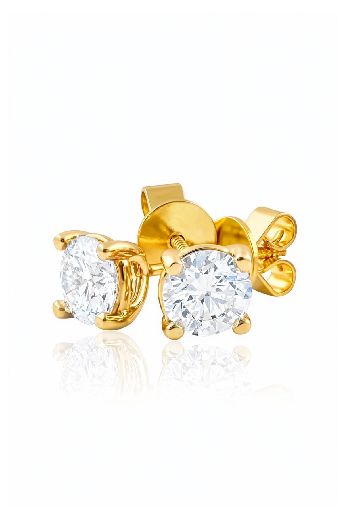 Gold stud earrings with clear lab grown diamonds on a white background at LeGassick, Gold Coast, Australia.