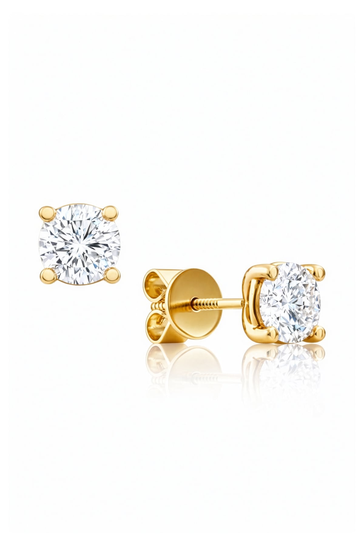 Gold stud earrings with clear lab grown diamonds on a white background at LeGassick, Gold Coast, Australia.