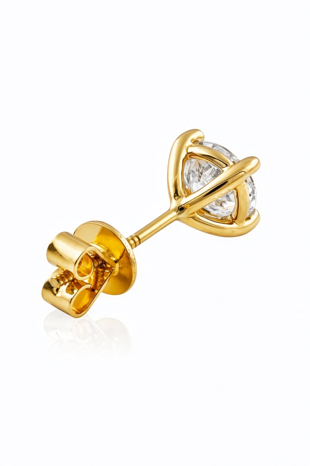 Gold stud earring with clear lab grown diamonds on a white background at LeGassick, Gold Coast, Australia.