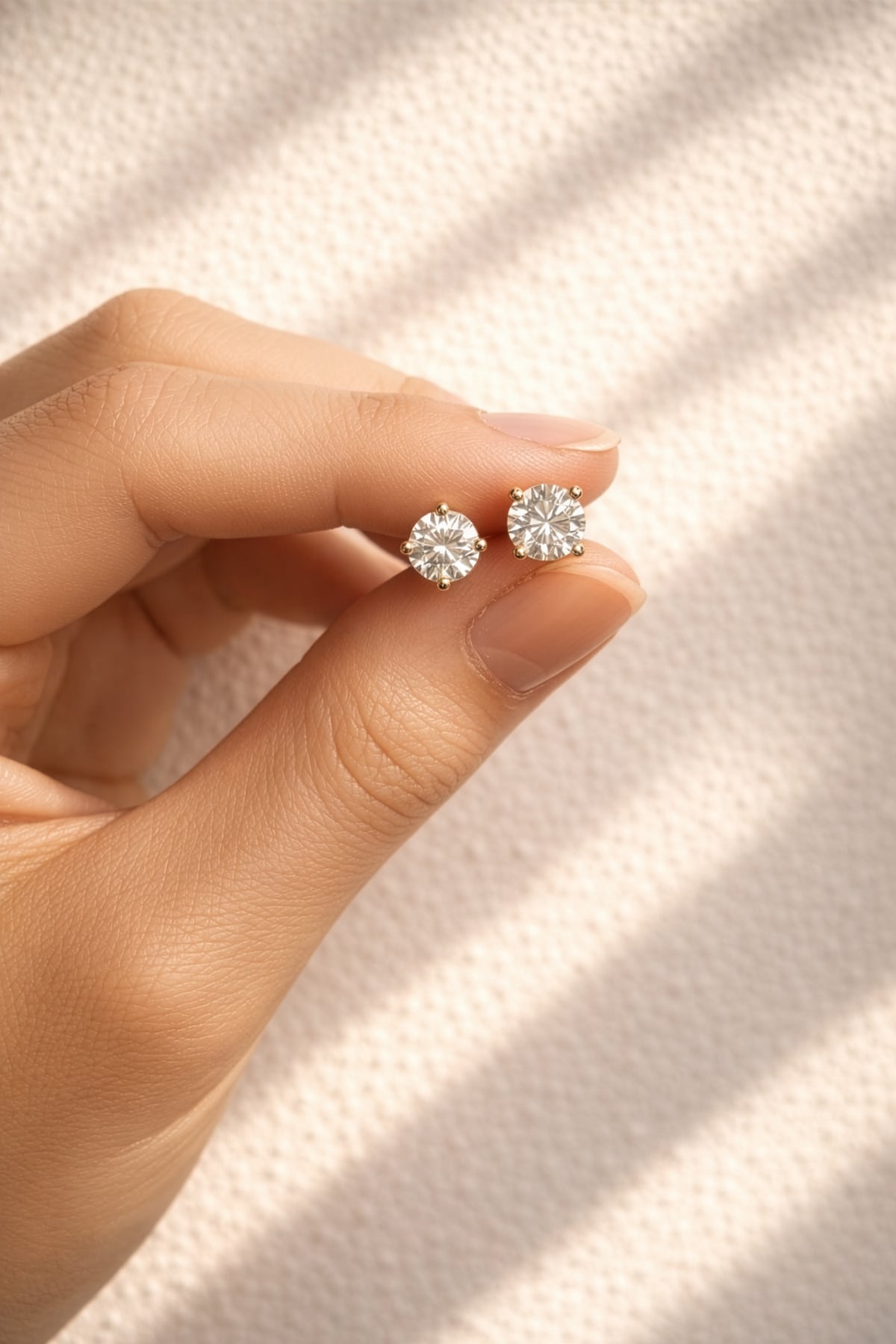 Hand holding a pair of lab diamond stud earrings against a soft background at LeGassick, Gold Coast, Australia.