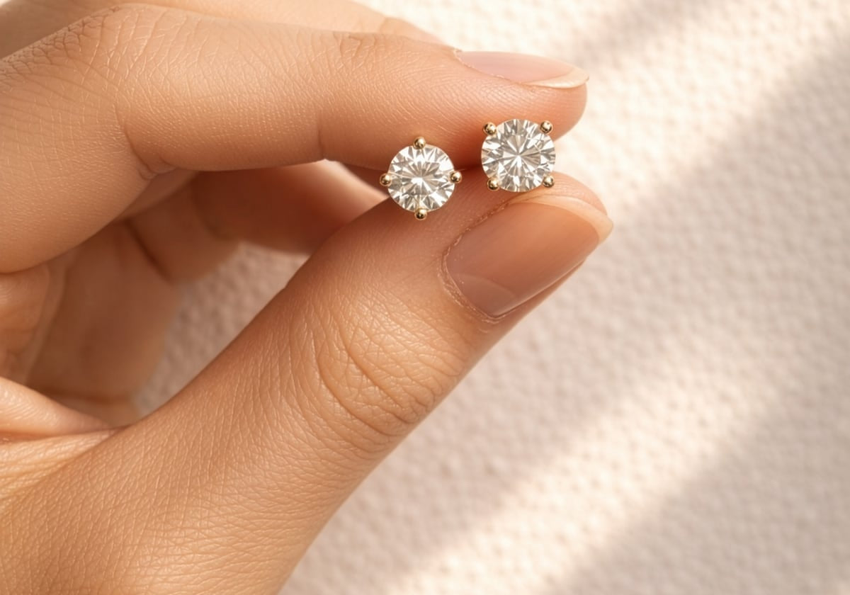 Hand holding a pair of lab diamond stud earrings against a soft background at LeGassick, Gold Coast, Australia.