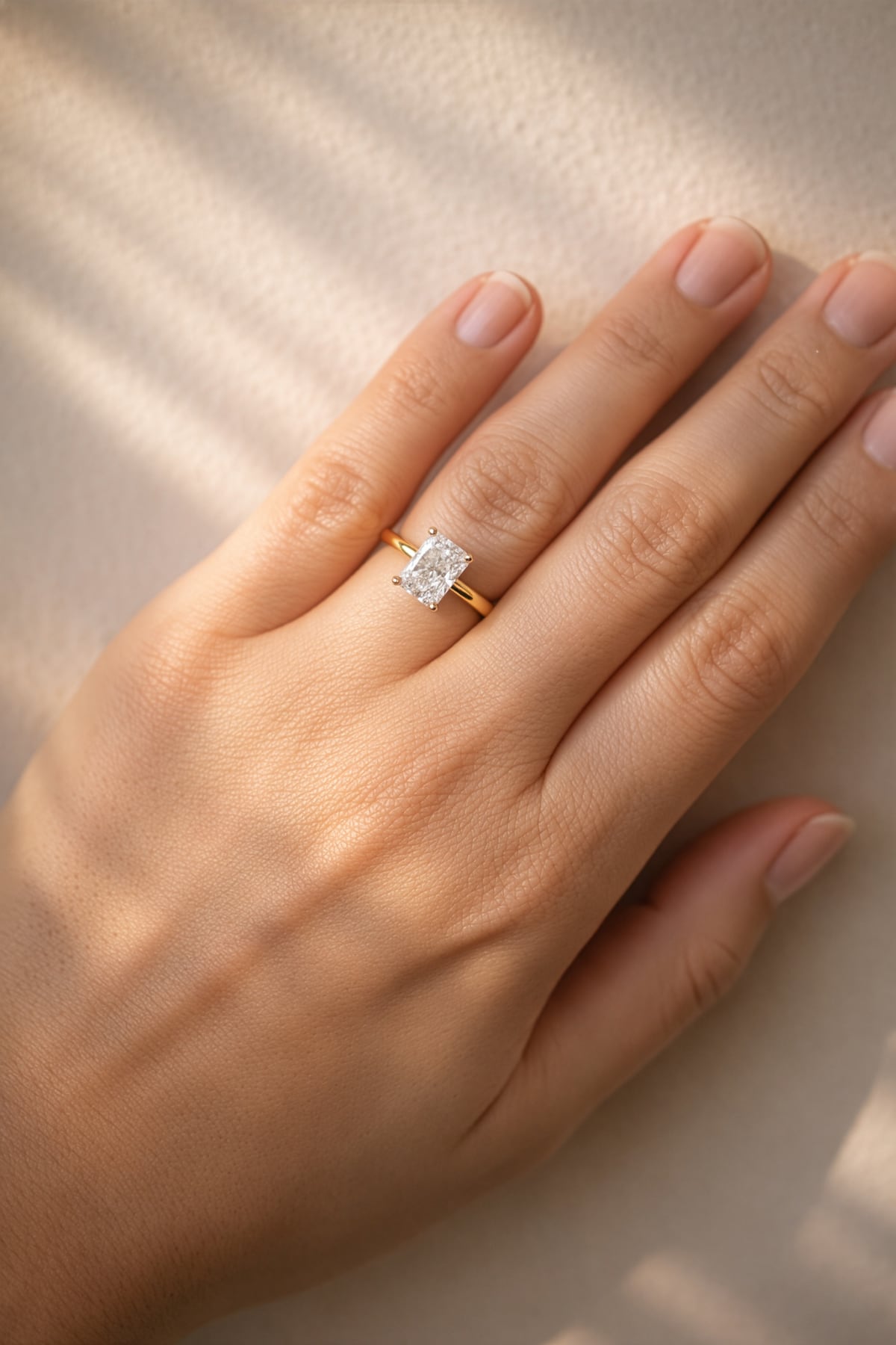 Gold ring with a lab diamond on a hand against a neutral background at LeGassick.