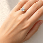Gold ring with a lab diamond on a hand against a white background at LeGassick.