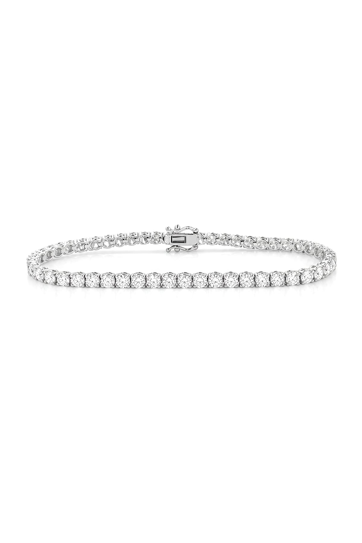 6 Carat Lab Grown Diamond Tennis Bracelet in 18ct White Gold sitting on a white background.