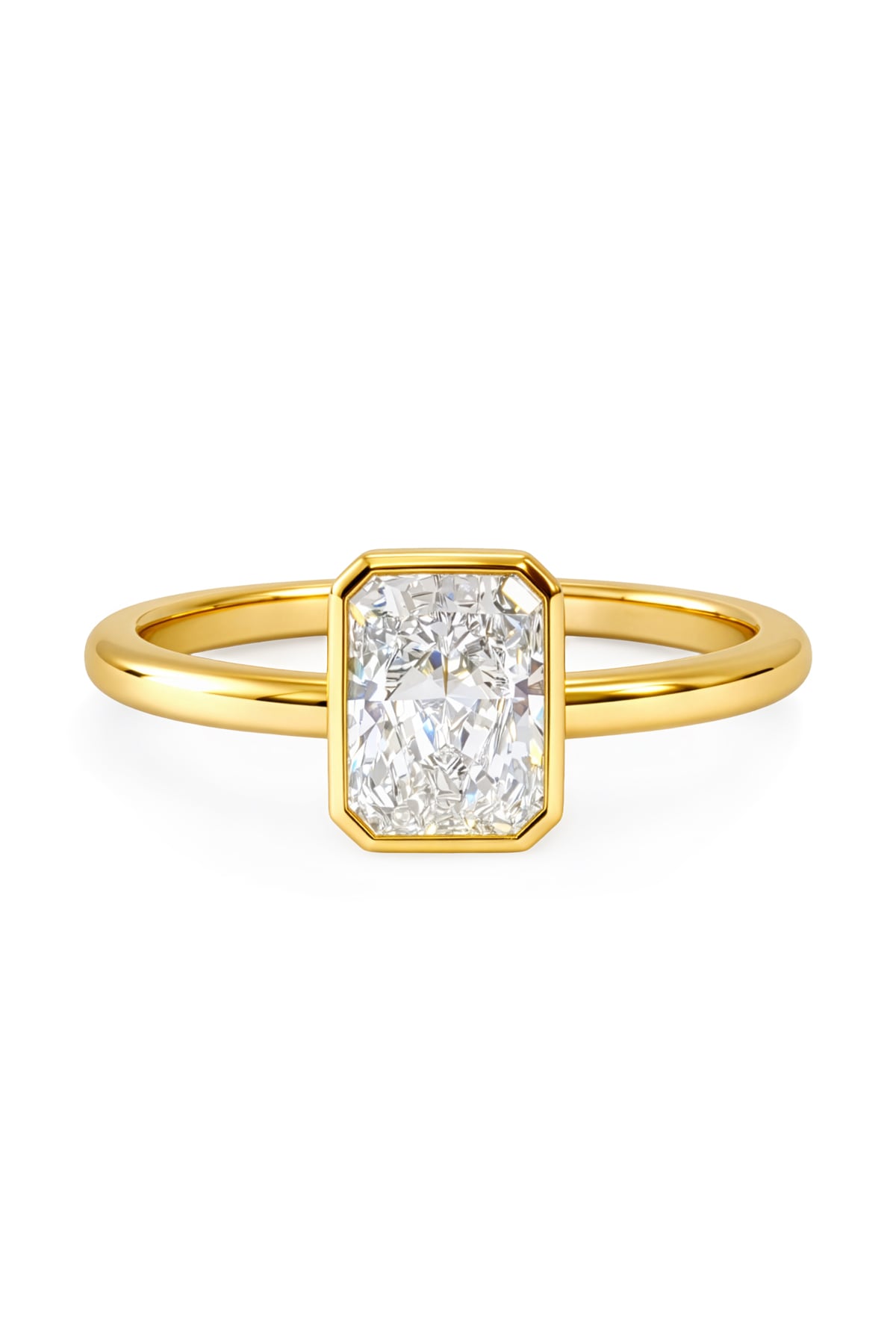 Gold ring with a rectangular diamond on a white background at LeGassick Gold Coast, Australia.