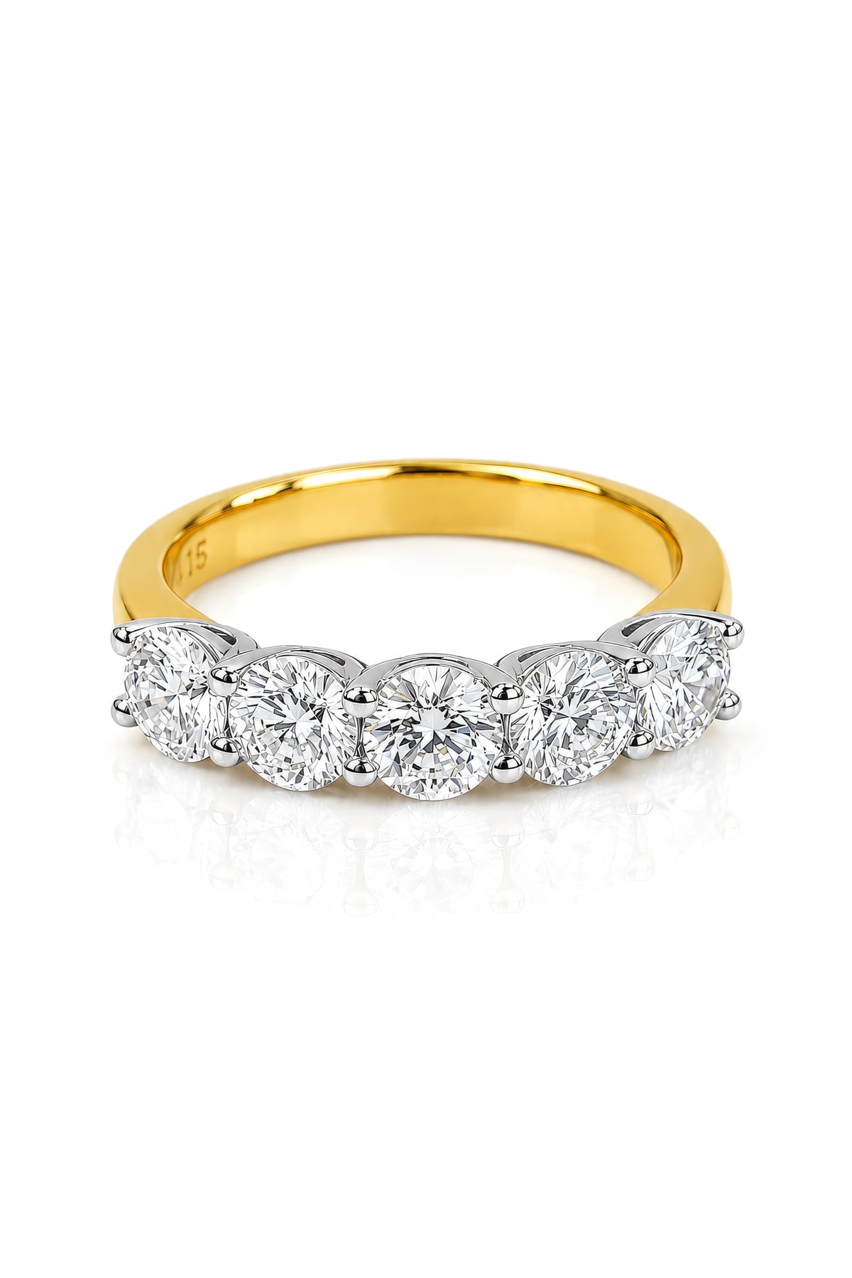 Gold ring with 5 lab grown diamonds on a white background at LeGassick, Gold Coast, Australia.