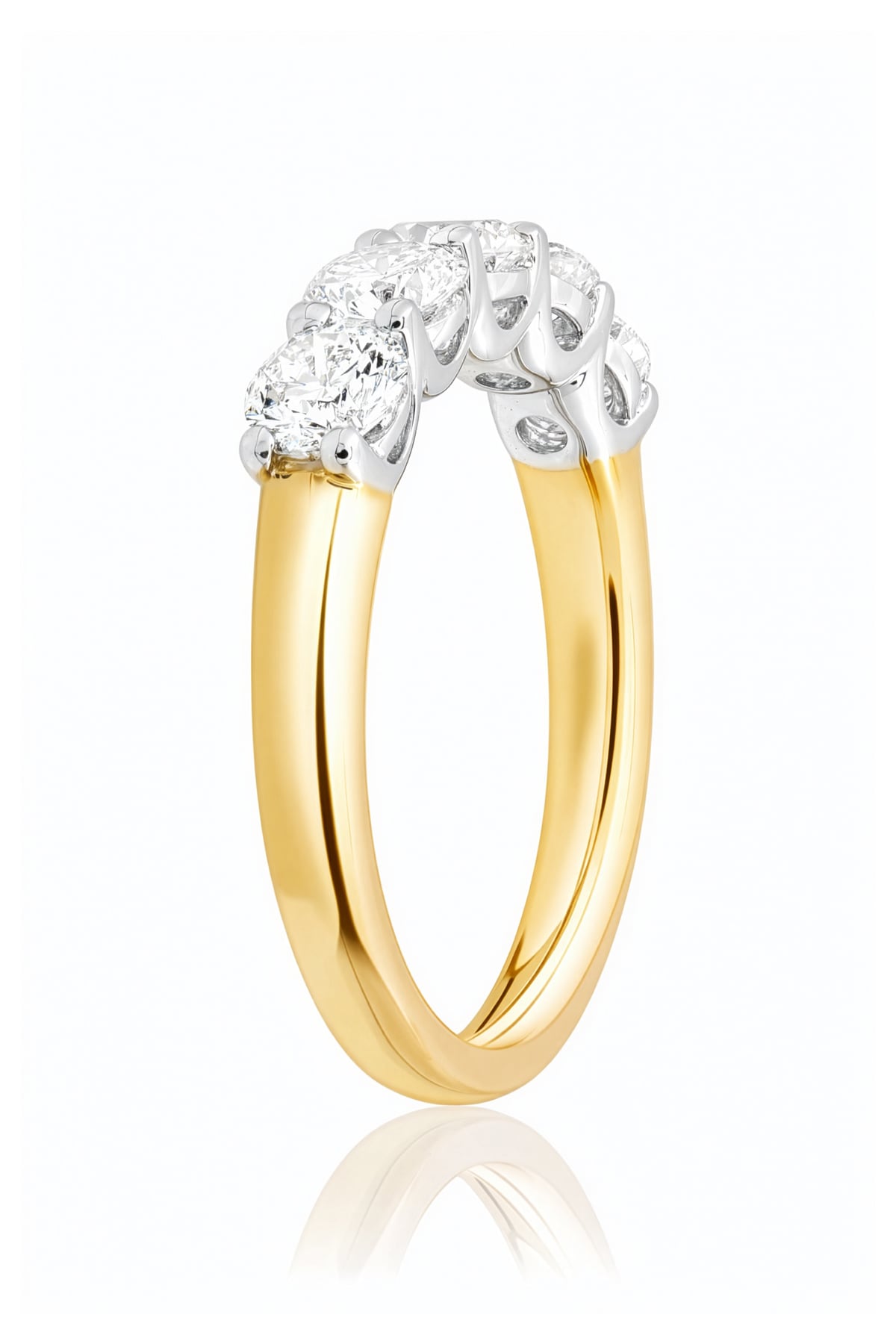 Gold ring with 5 lab grown diamonds on a white background at LeGassick, Gold Coast, Australia.