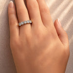 Gold ring with 5 lab grown diamonds on a lady's hand at LeGassick, Gold Coast, Australia.