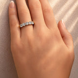 Gold ring with 5 lab grown diamonds on a lady's hand at LeGassick, Gold Coast, Australia.