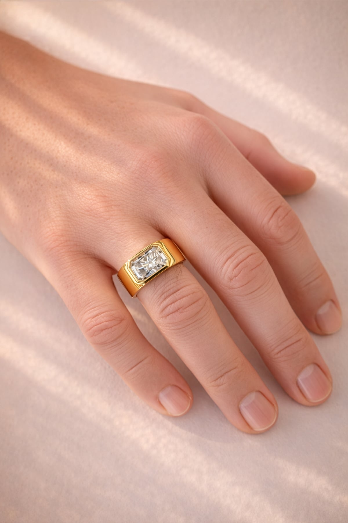 Gold ring with a lab diamond on a hand against a light background