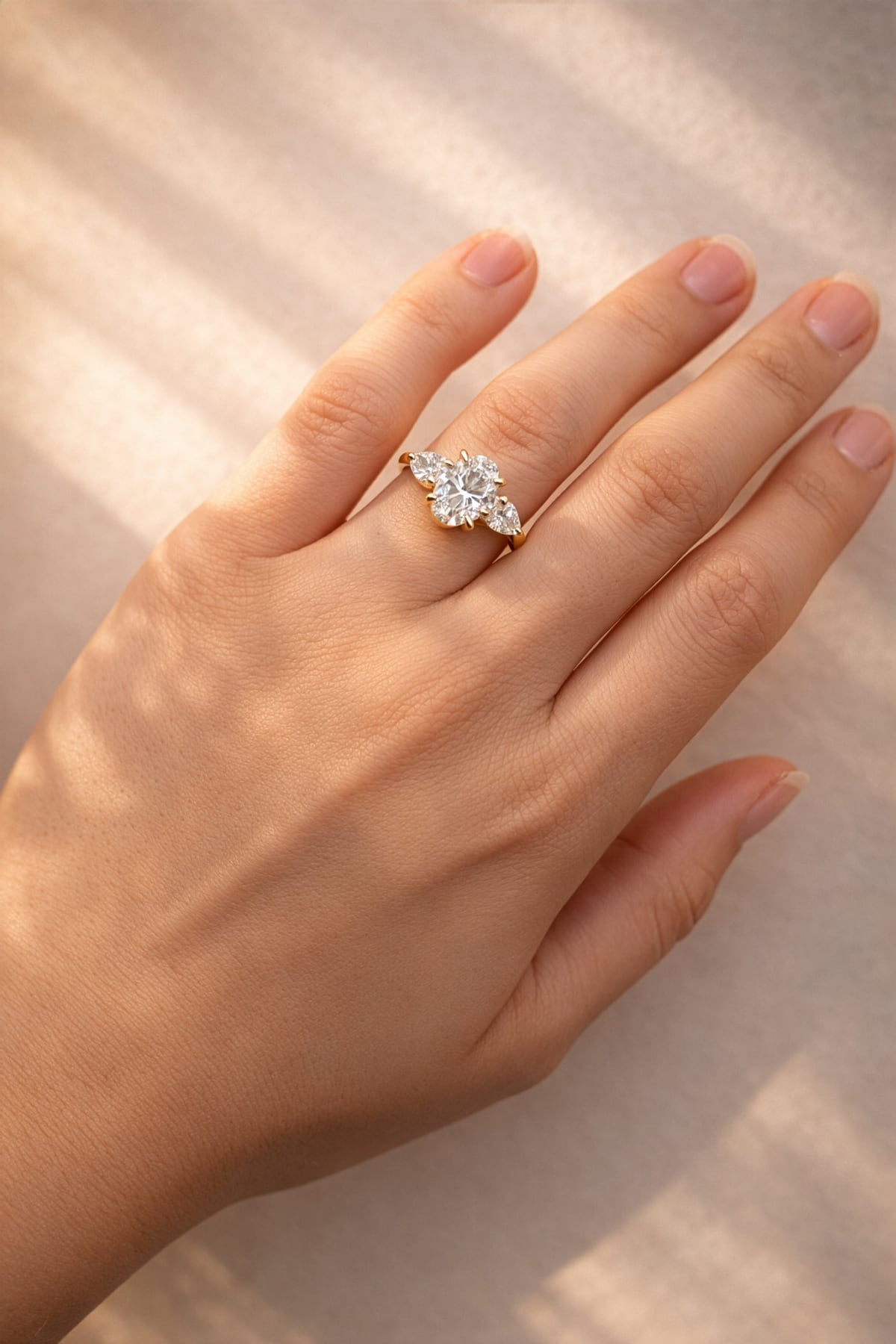 Hand wearing a lab grown diamond ring on a neutral background