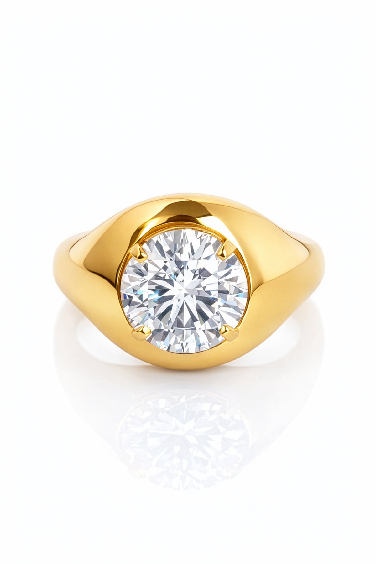 Gold ring with a large lab grown diamond on a white background