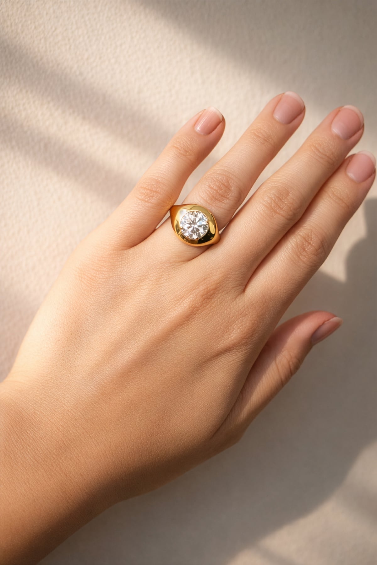 Hand wearing a gold ring with a lab grown diamond on a neutral background