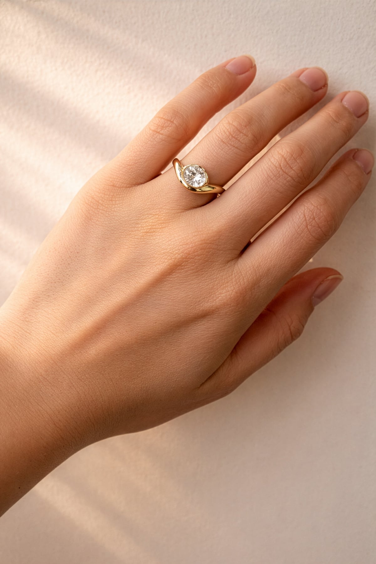 Gold ring with an oval lab grown diamond on a lady's hand at LeGassick, Gold Coast, Australia.