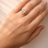 Gold ring with a lab grown diamond on a lady's hand at LeGassick, Gold Coast, Australia.