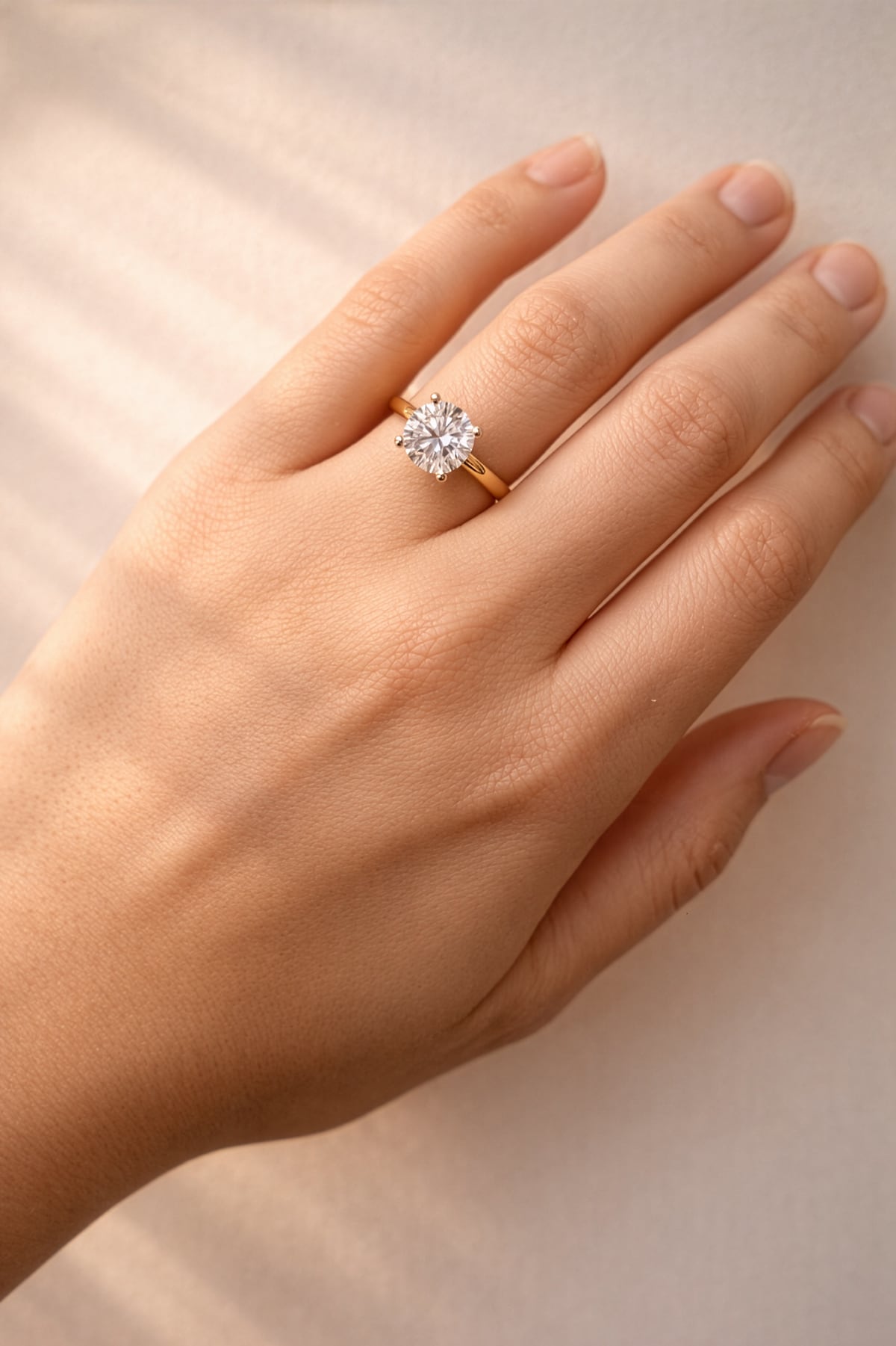Gold ring with a lab grown diamond on a lady's hand at LeGassick, Gold Coast, Australia.