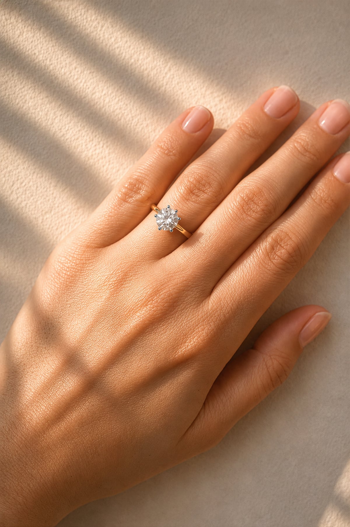 Gold ring with a lab grown solitaire diamond on a lady's hand at LeGassick, Gold Coast, Australia.