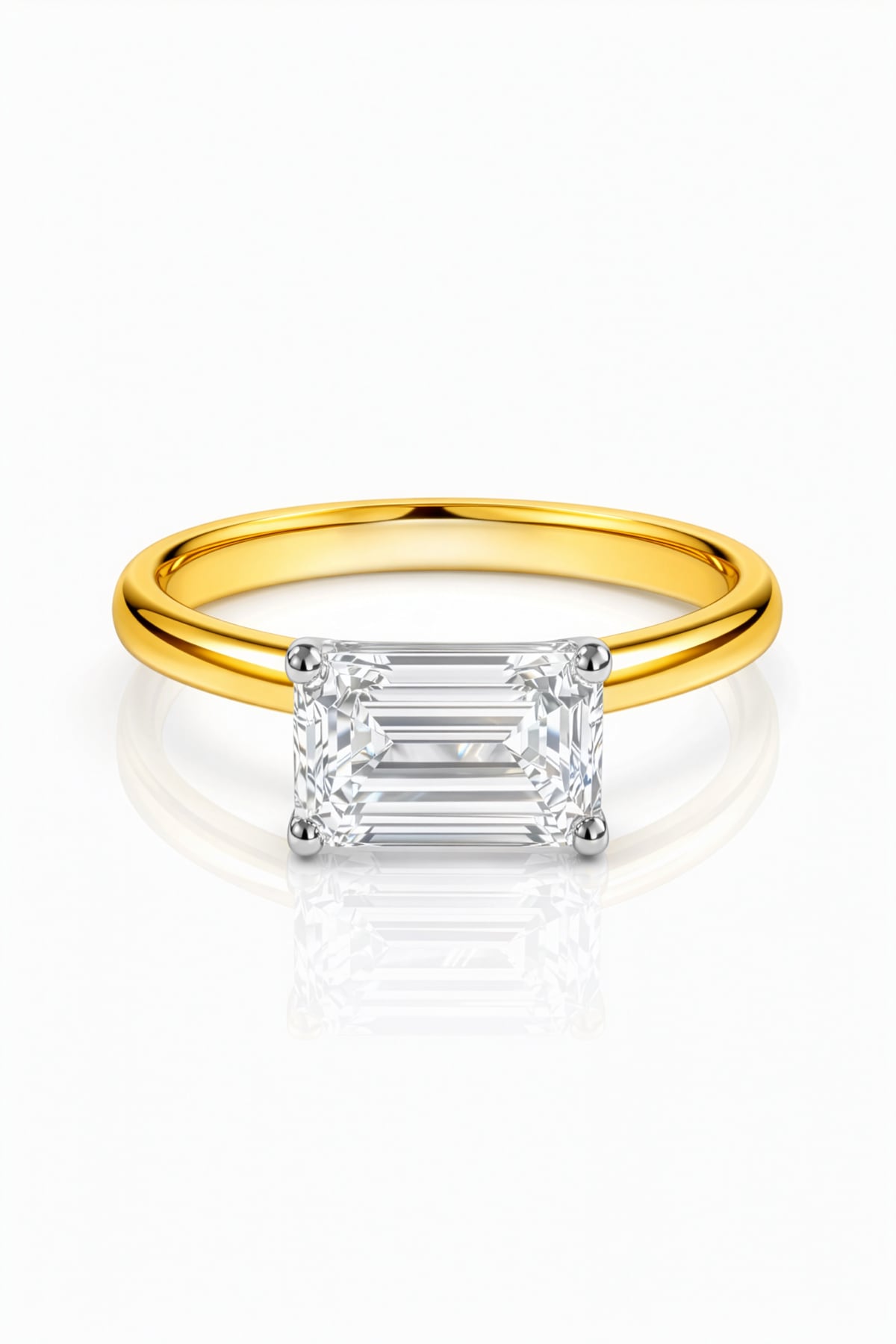 Gold ring with a rectangular lab grown diamond on a white background