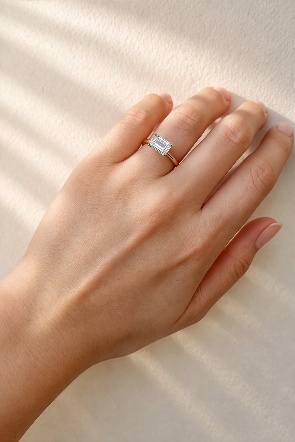 Hand wearing a lab grown diamond ring on a neutral background