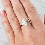 Gold ring with a lab grown diamond on a hand against a neutral background at LeGassick.
