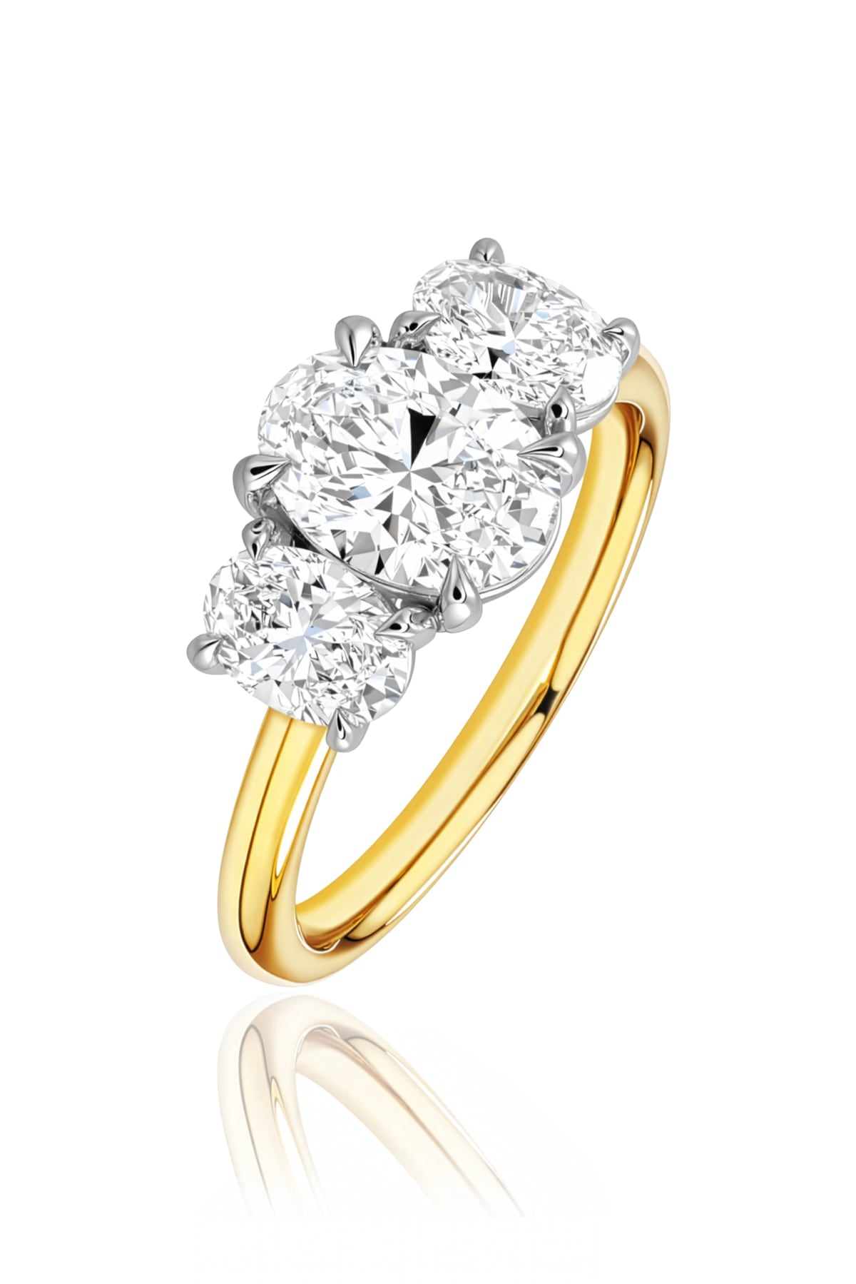 Gold ring with three lab grown diamonds on a white background
