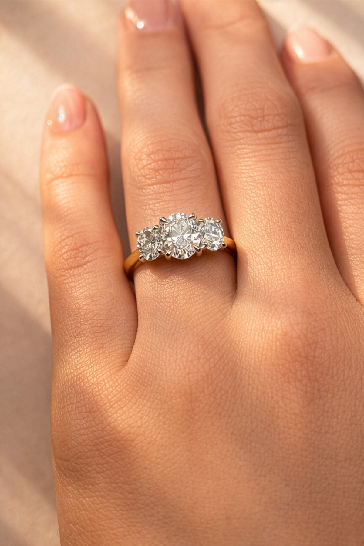 Close-up of a hand wearing a lab diamond ring on a neutral background