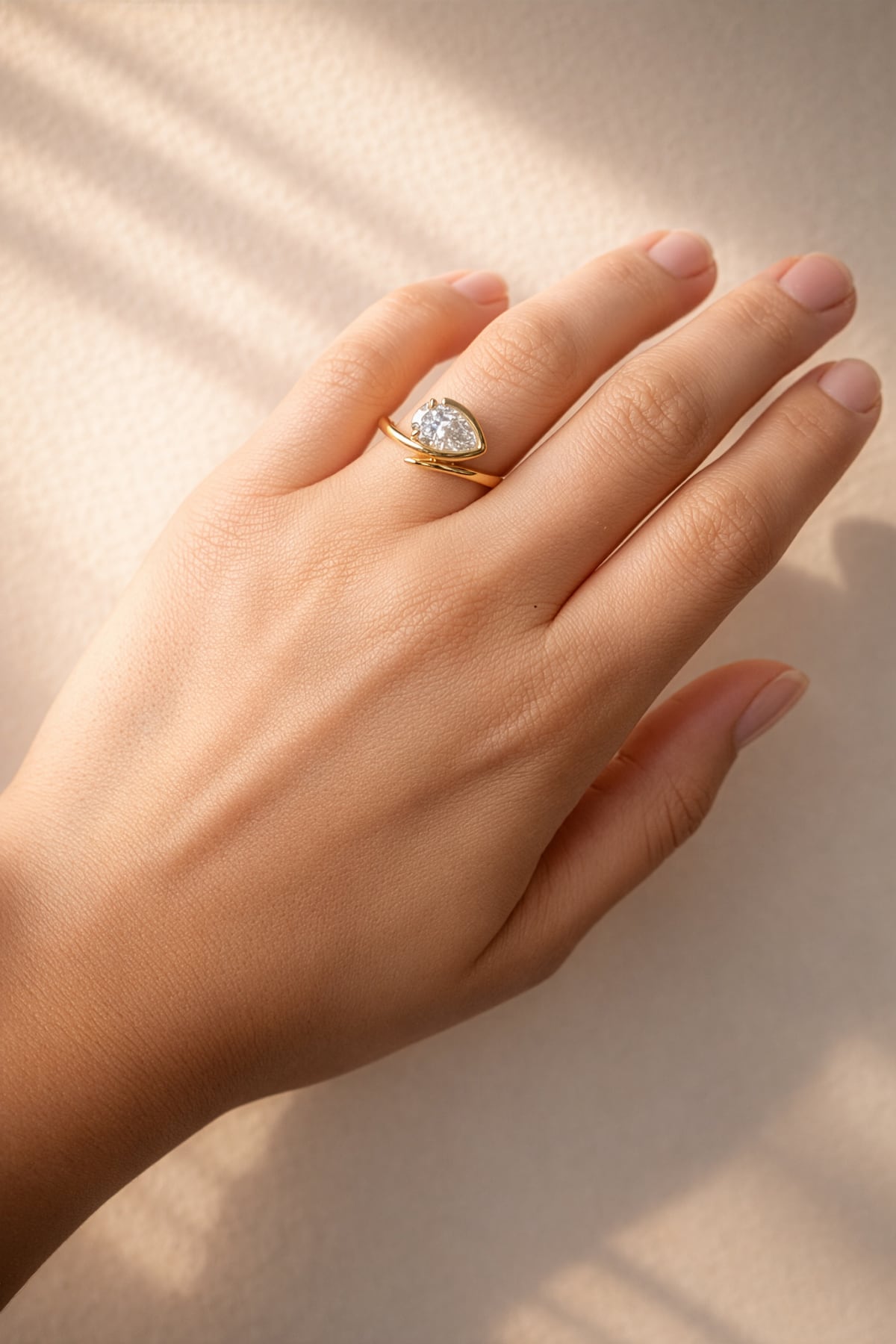 Hand wearing a gold ring with a pear cut lab diamond on a beige background
